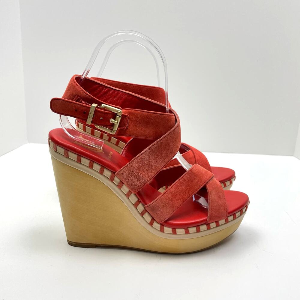 VC Signature | Lene Vince Camuto Red Leather Ankle Strap Block Wedge Sandals - Picture 4 of 12